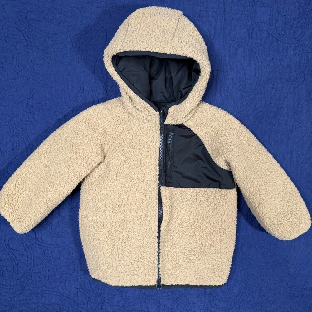 Old Navy Toddler 3T Reversible Puffer Jacket Black Sherpa Fleece Hooded Coat